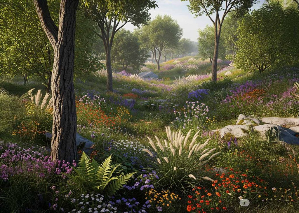 A beautiful, diverse modern landscape filled with various plants (trees, flowers, grasses), emphasizing the legacy of early land plant adaptations.